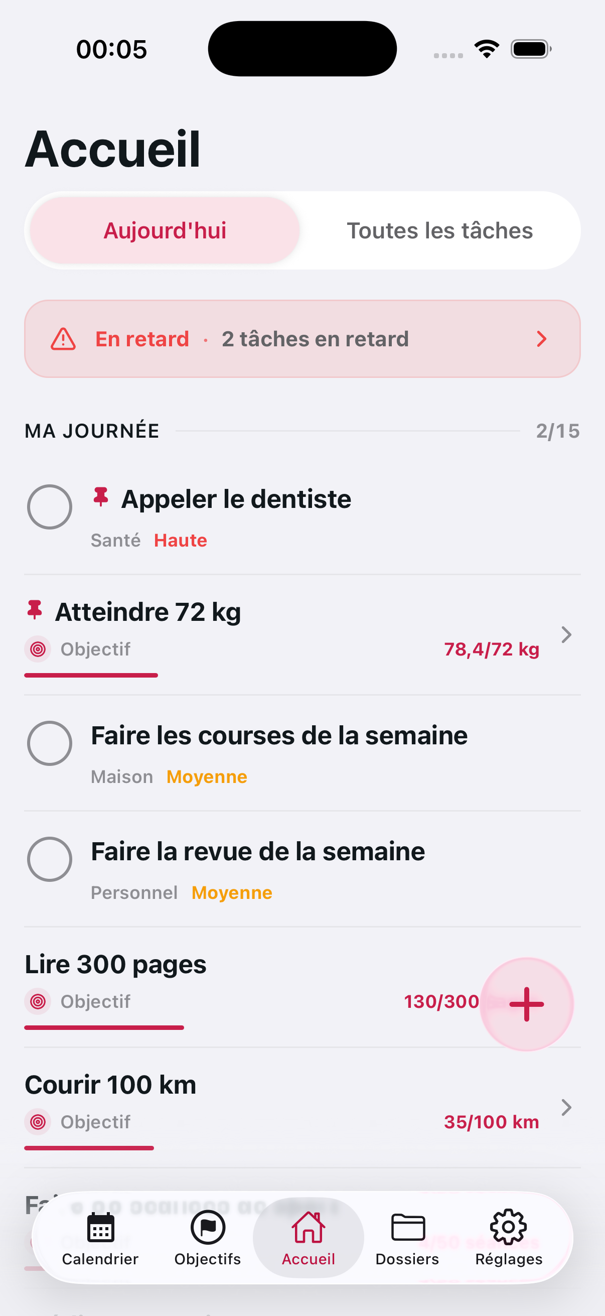 Capture de Tomori : tâches du jour, priorités et progression sur l’écran d’accueil